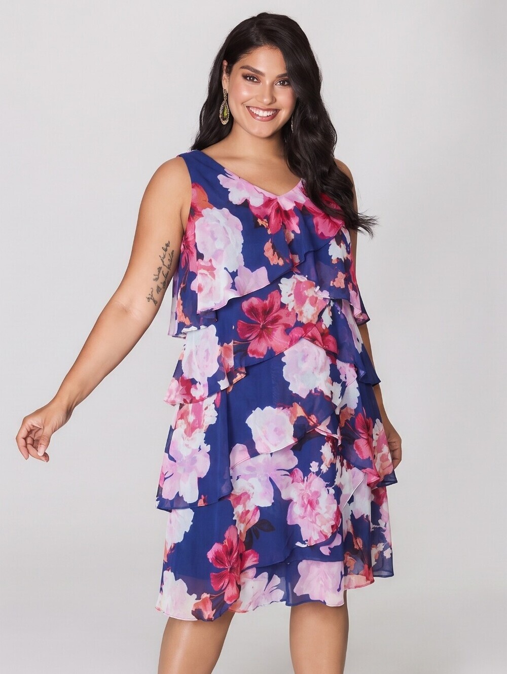 SLNY Blue Multicolor Ruffle Sleeveless Party Dinner Evening Dress Sz 16 Zip